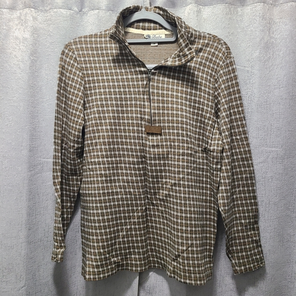 Babe Didrikson Brown Plaid Quarter-Zip‎ Shirt Vintage Made In ITALY M